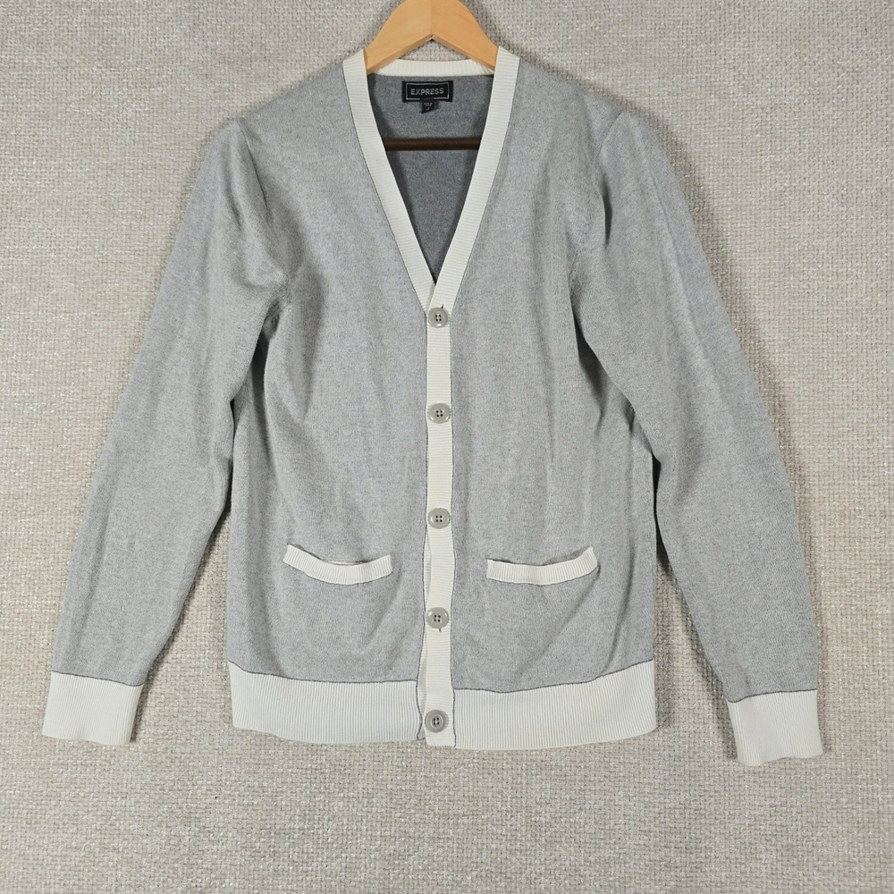 Express Mens Grey White Colorblock Cotton V-Neck Button Front Cardigan Sweater S